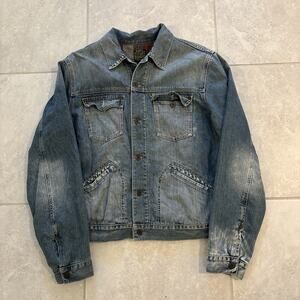 Lucky Brand Mens Blue Denim Jacket w/ Blanket Plaid Lining Red Multi Vintage XL